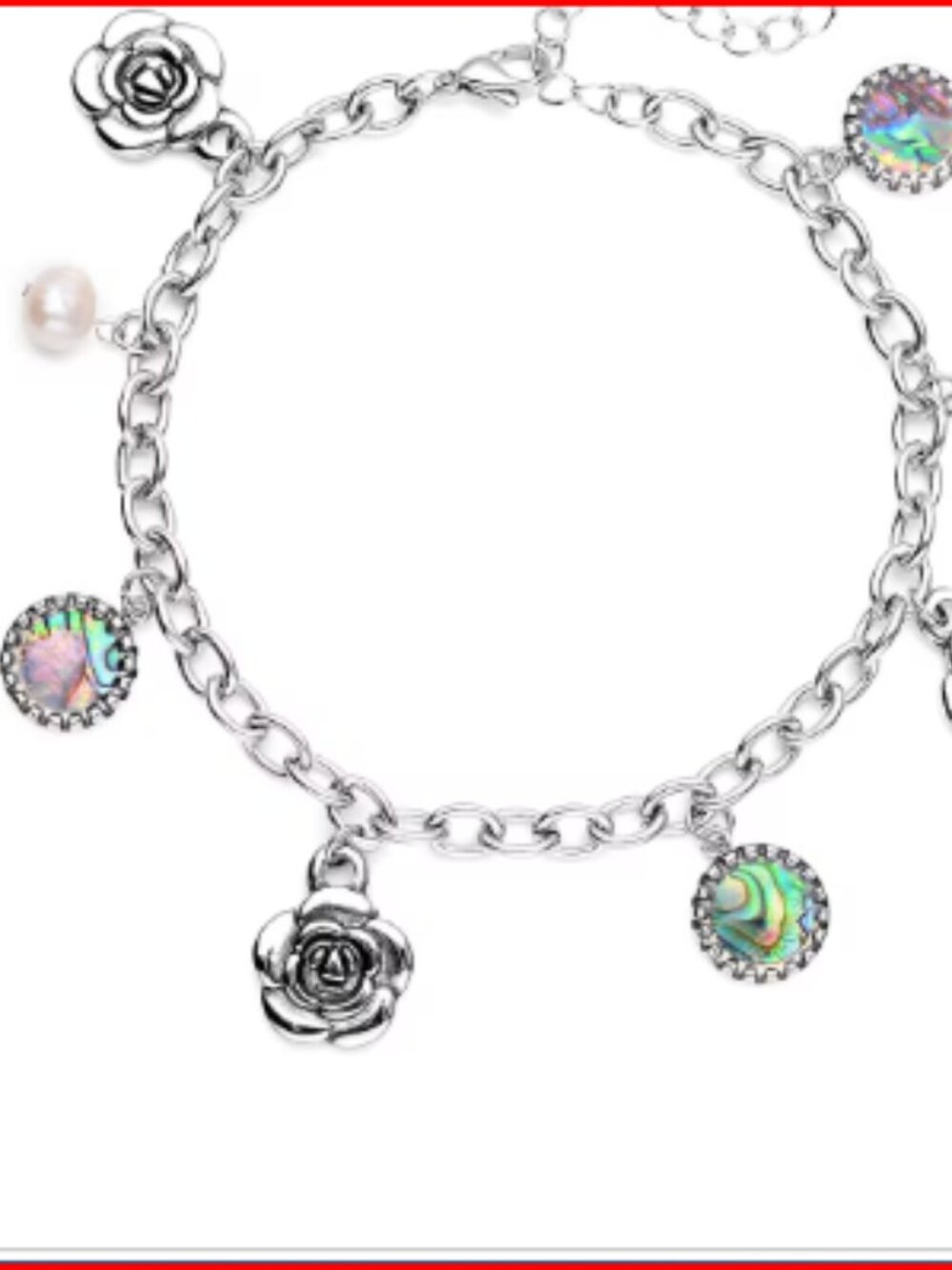 Abalone Shell and Freshwater Pearl Charm Anklet in Black Oxidized Stainless Stee - Picture 2 of 4